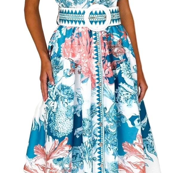 Garden Floral Button-Up Mock Neck Puff Sleeve Wide Belt Slit Front Maxi Dress - Picture 10 of 12